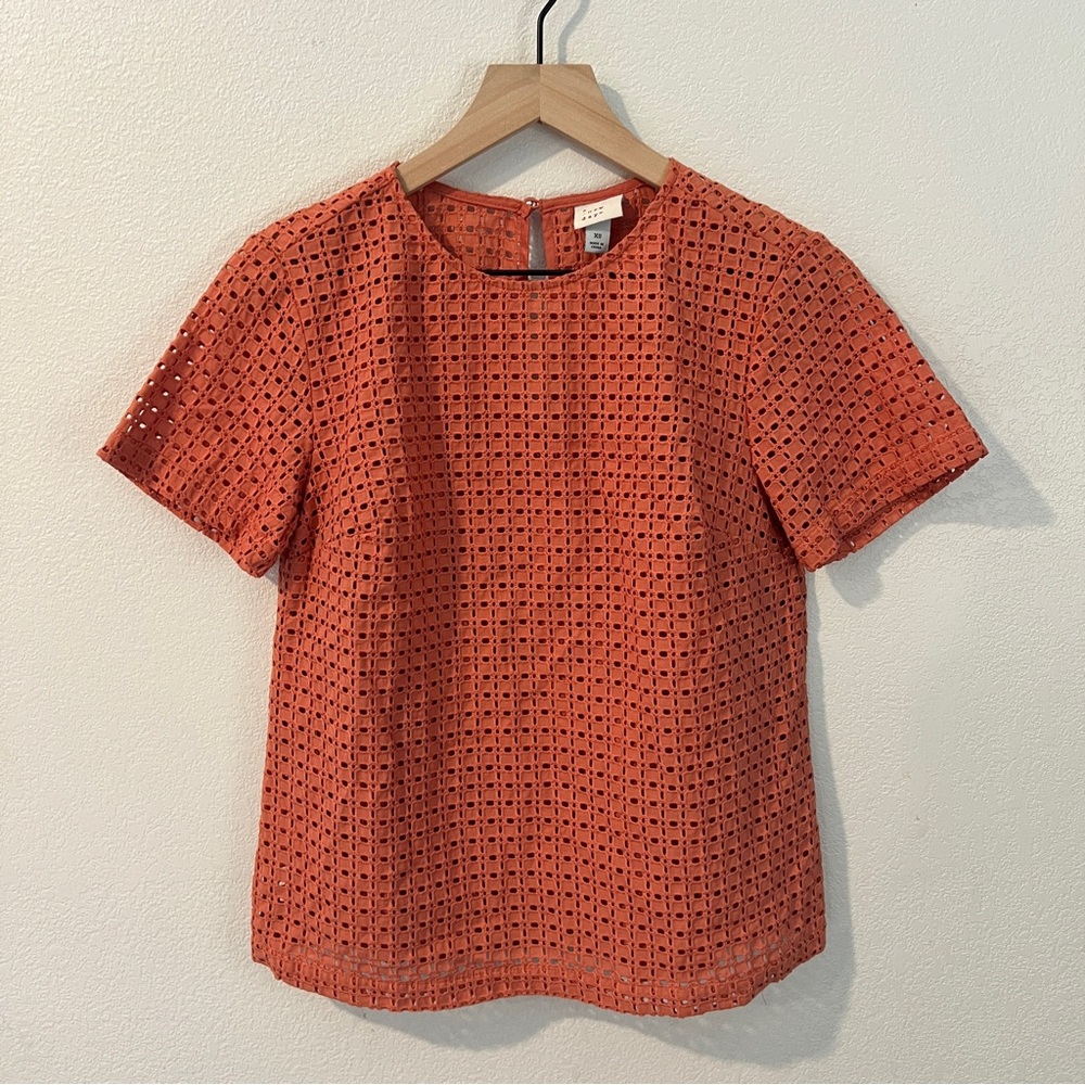 A New Day Terracotta Orange Cotton Eyelet‎ Short Sleeve Keyhole Boxy Top Size XS